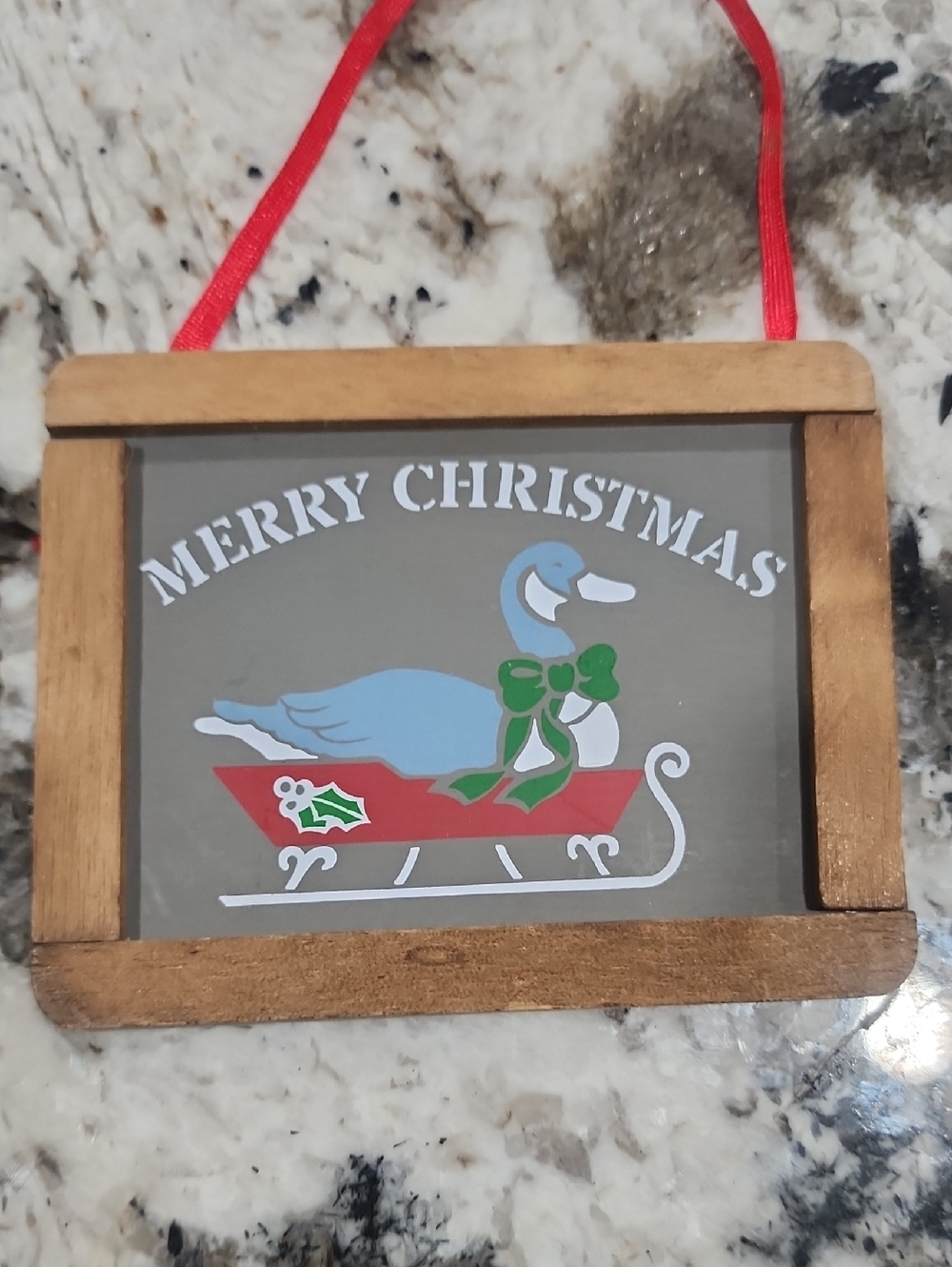 Merry Christmas Duck Sled Wooden Ornament - Blue, Red, Green